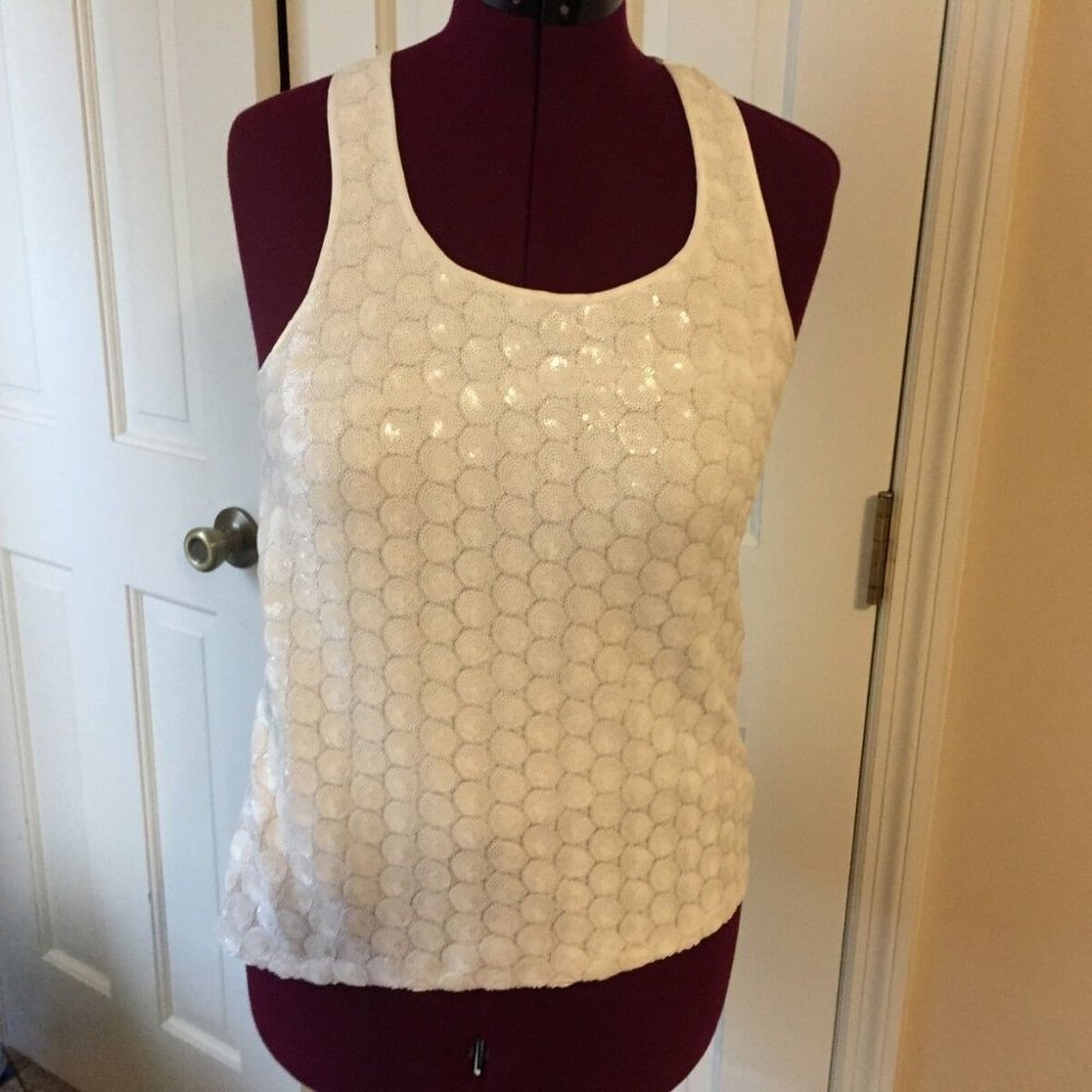 FOREVER 21 LADIES SIZE L PULLOVER WHITE TOP SLEEVELESS BLOUSE SEQUINS RAZOR BACK